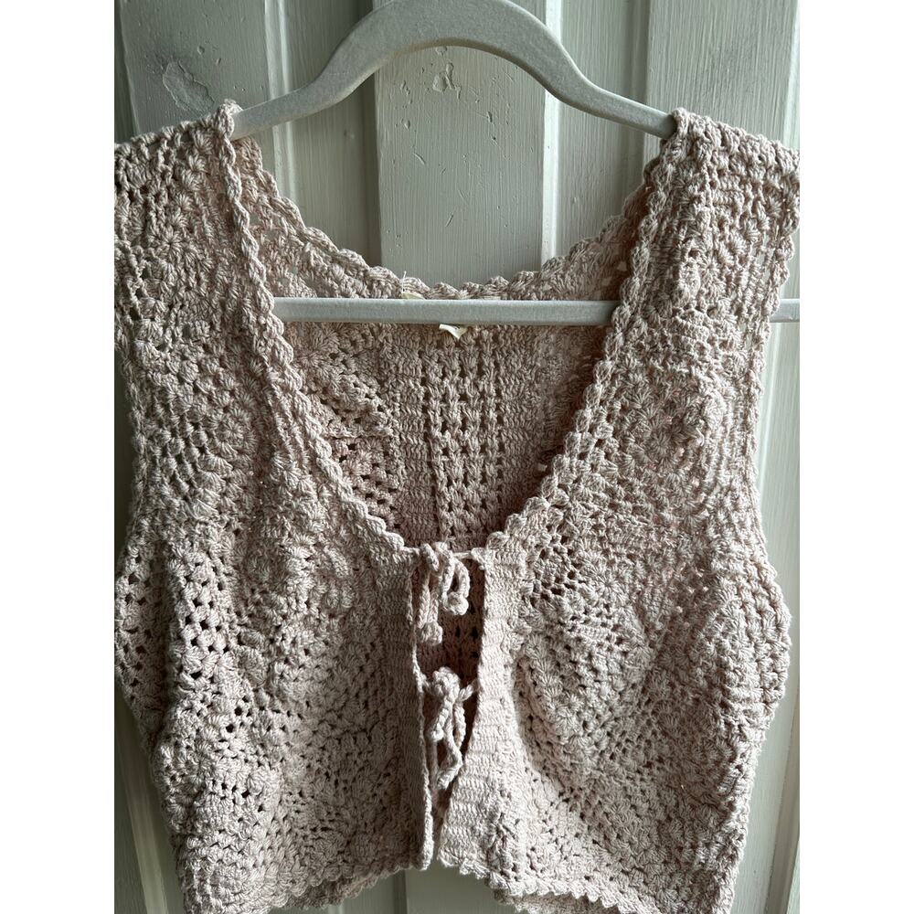 Lucky Brand Boho Crochet Tie-Front Cardigan Sweater Vest Pink Cotton Size M - Picture 3 of 9